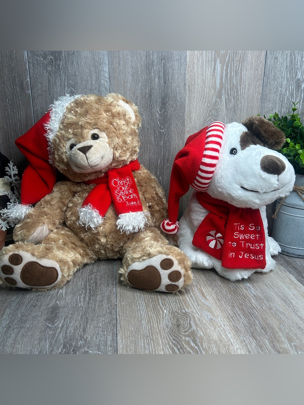 Fiesta Lifeway Christian Christmas Plush Bundle Bear & Dog Santa Hats Jesus